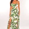 White Palm Print Smocked Cut Out Double Slit Maxi Dress