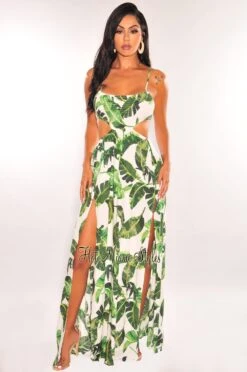 White Palm Print Smocked Cut Out Double Slit Maxi Dress