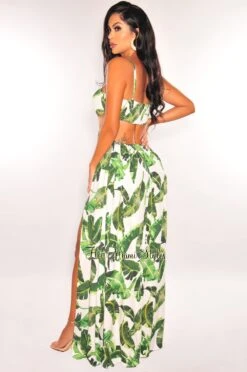 White Palm Print Smocked Cut Out Double Slit Maxi Dress -Miamis Style Shop white palm print smocked cut out double slit maxi dress hot miami styles 879470