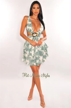 White Palm Print V Neck Cut Out Lace Up Back Dress -Miamis Style Shop white palm print v neck cut out lace up back dress hot miami styles 161359