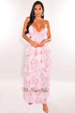White Pink Print Spaghetti Straps Cut Out Layered Maxi Dress