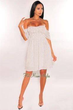White Polka Dot Off Shoulder Smocked Baby Doll Dress -Miamis Style Shop white polka dot off shoulder smocked baby doll dress hot miami styles 278897