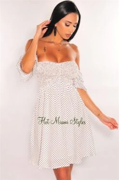 White Polka Dot Off Shoulder Smocked Baby Doll Dress