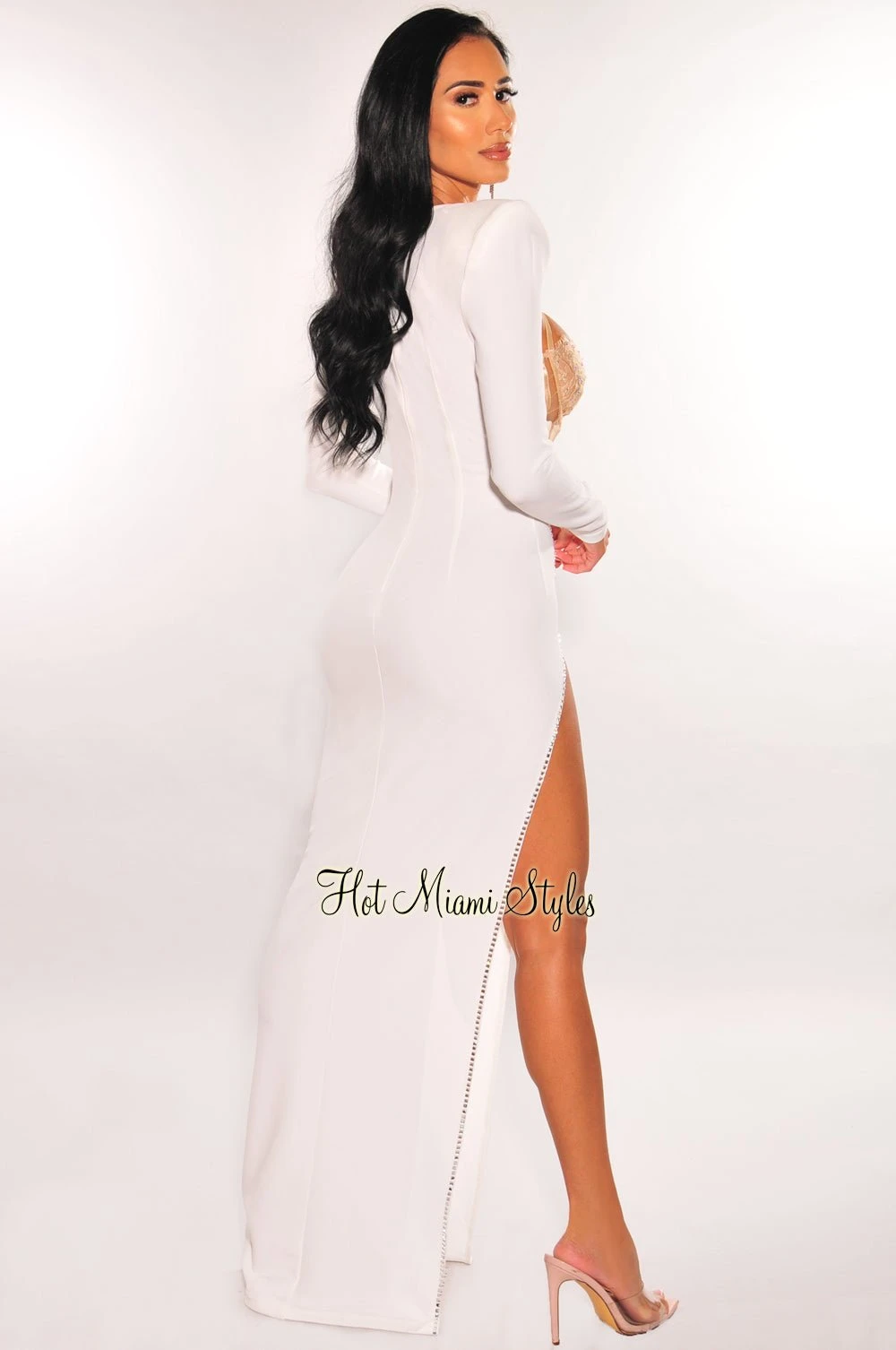 White Rhinestone Underwire Lace Bodysuit Long Sleeve Cut Out Slit Gown 2 White Rhinestone Underwire Lace Bodysuit Long Sleeve Cut Out Slit Gown - Image 2