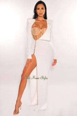 White Rhinestone Underwire Lace Bodysuit Long Sleeve Cut Out Slit Gown