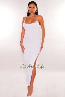 White Ribbed Gold Chain Spaghetti Strap Slit Dress