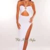 White Ribbed Halter O-Ring Cut Out Slit Maxi Dress