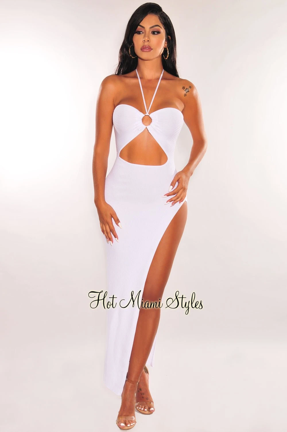 White Ribbed Halter O-Ring Cut Out Slit Maxi Dress 1 White Ribbed Halter O-Ring Cut Out Slit Maxi Dress