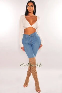 White Ribbed Knit Knotted Long Sleeve Crop Top -Miamis Style Shop white ribbed knit knotted long sleeve crop top hot miami styles 673602