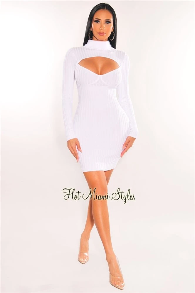 White Ribbed Knit Turtle Neck Long Sleeve Cut Out Dress 3 White Ribbed Knit Turtle Neck Long Sleeve Cut Out Dress - Image 3