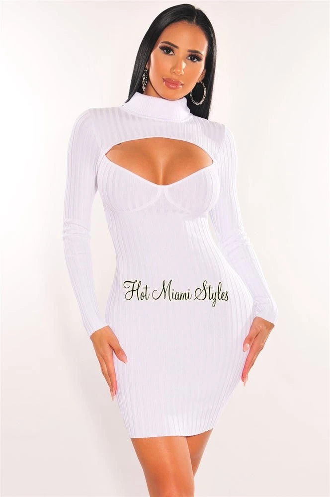 White Ribbed Knit Turtle Neck Long Sleeve Cut Out Dress 1 White Ribbed Knit Turtle Neck Long Sleeve Cut Out Dress