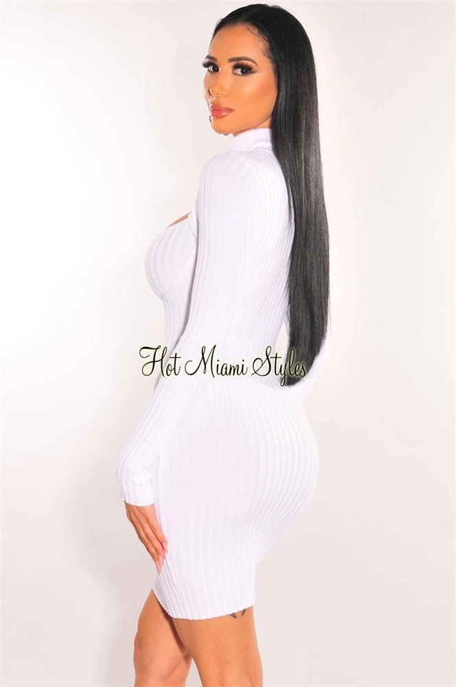 White Ribbed Knit Turtle Neck Long Sleeve Cut Out Dress 2 White Ribbed Knit Turtle Neck Long Sleeve Cut Out Dress - Image 2