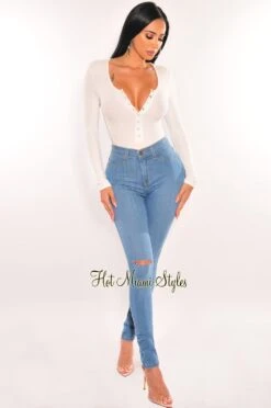 White Ribbed Round Neck Long Sleeve Snap Button Up Bodysuit -Miamis Style Shop white ribbed round neck long sleeve snap button up bodysuit hot miami styles 594441