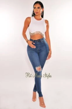White Ribbed Sleeveless Rhinestone Fringe Curved Hem Crop Top -Miamis Style Shop white ribbed sleeveless rhinestone fringe curved hem crop top hot miami styles 387752