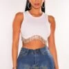 White Ribbed Sleeveless Rhinestone Fringe Curved Hem Crop Top