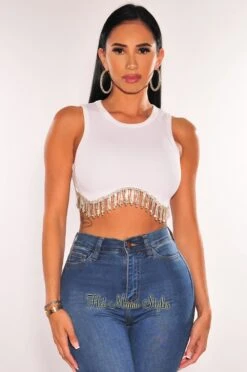 White Ribbed Sleeveless Rhinestone Fringe Curved Hem Crop Top