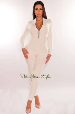White Ribbed Zipper Long Sleeve Jumpsuit
