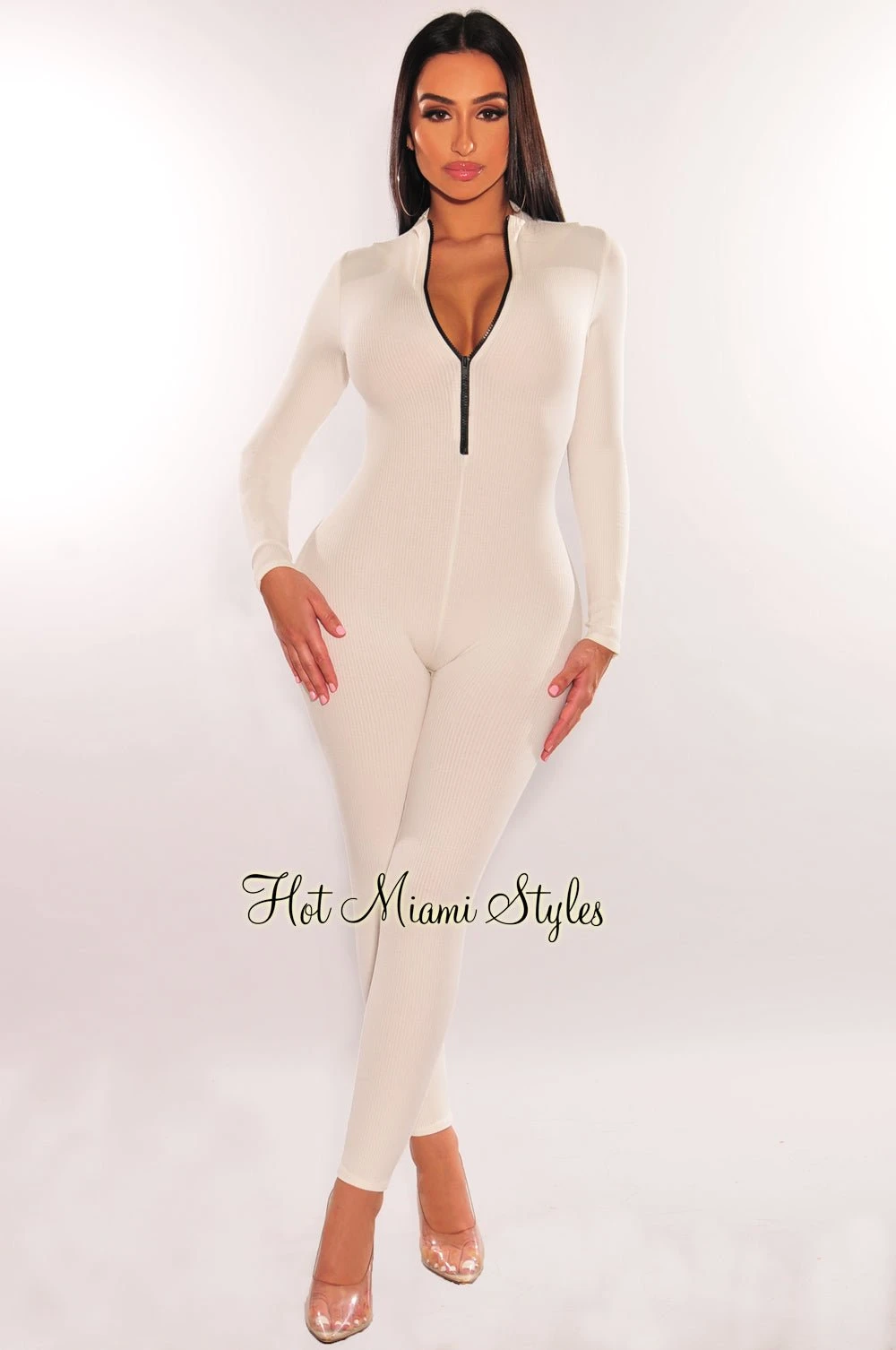White Ribbed Zipper Long Sleeve Jumpsuit 1 White Ribbed Zipper Long Sleeve Jumpsuit
