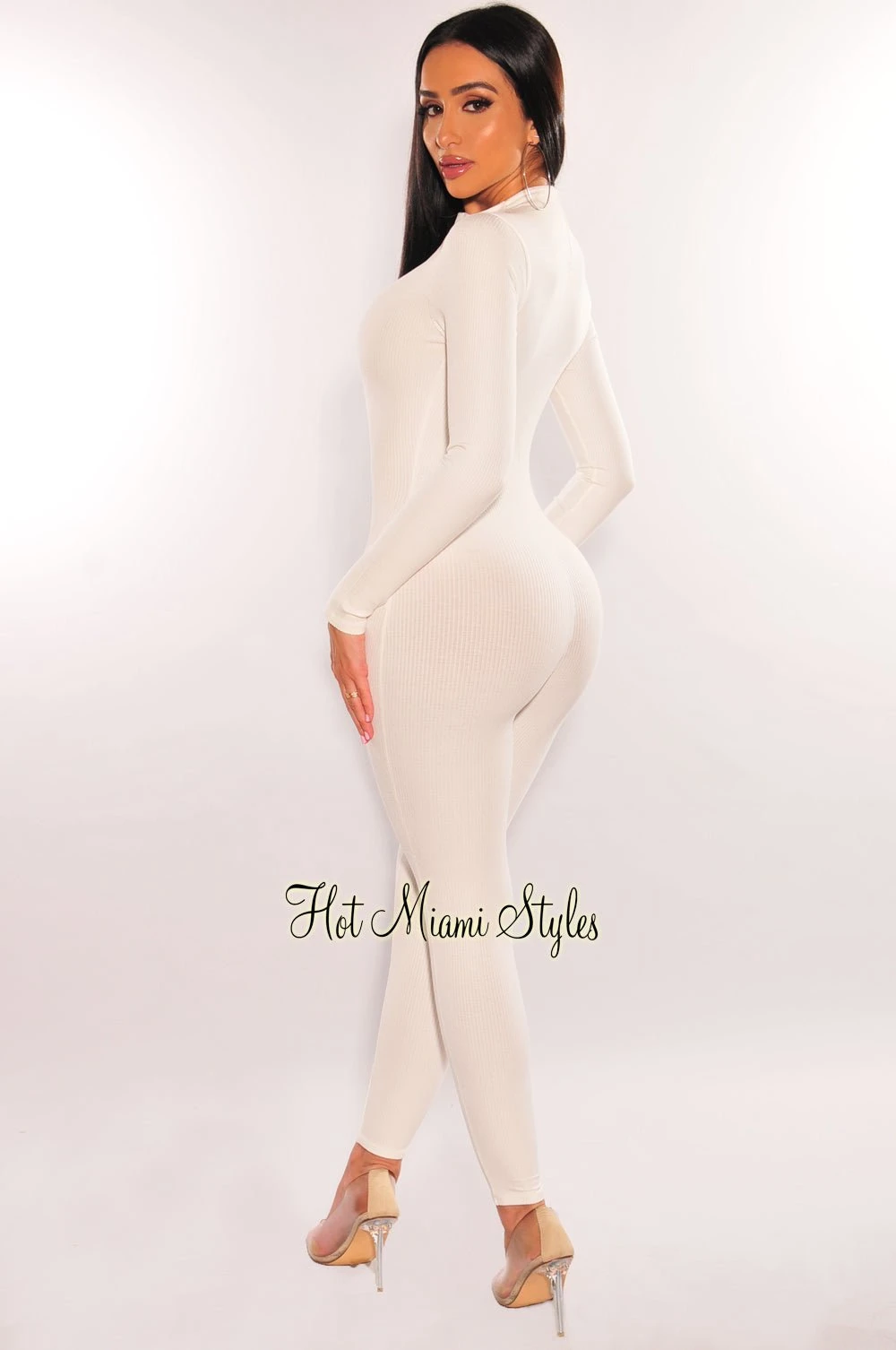 White Ribbed Zipper Long Sleeve Jumpsuit 2 White Ribbed Zipper Long Sleeve Jumpsuit - Image 2