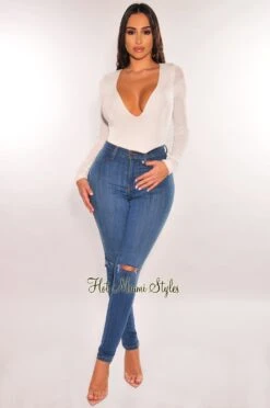 White Shimmery V Neck Long Sleeve Bodysuit -Miamis Style Shop white shimmery v neck long sleeve bodysuit hot miami styles 863112