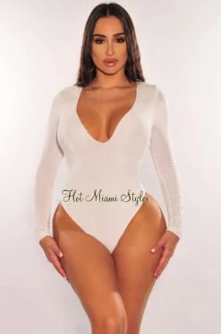 White Shimmery V Neck Long Sleeve Bodysuit