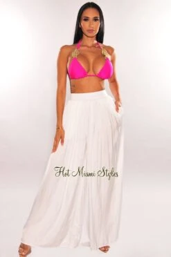 White Silky High Waist Pleated Palazzo Pants