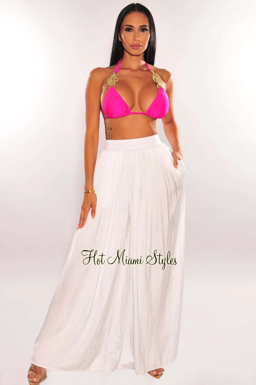 White Silky High Waist Pleated Palazzo Pants 1 White Silky High Waist Pleated Palazzo Pants