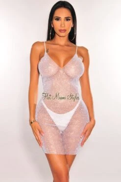 White Silver Rhinestones V Neck Spaghetti Straps Sheer Mini Dress