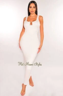 White Sleeveless Gold Ring Cut Out Ruched Back Dress