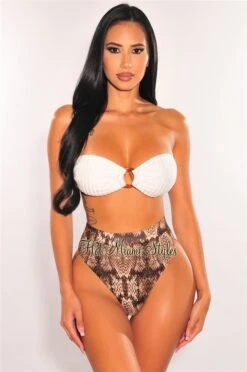 White Snake Print Crochet Bandeau O-Ring High Cut Bikini