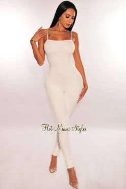 White Spaghetti Straps Cut Out Back Jumpsuit