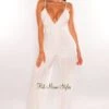 White Spaghetti Straps V Neck Pleated Belted Wide Leg Jumpsuit