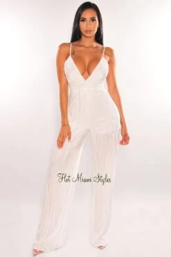 White Spaghetti Straps V Neck Pleated Belted Wide Leg Jumpsuit