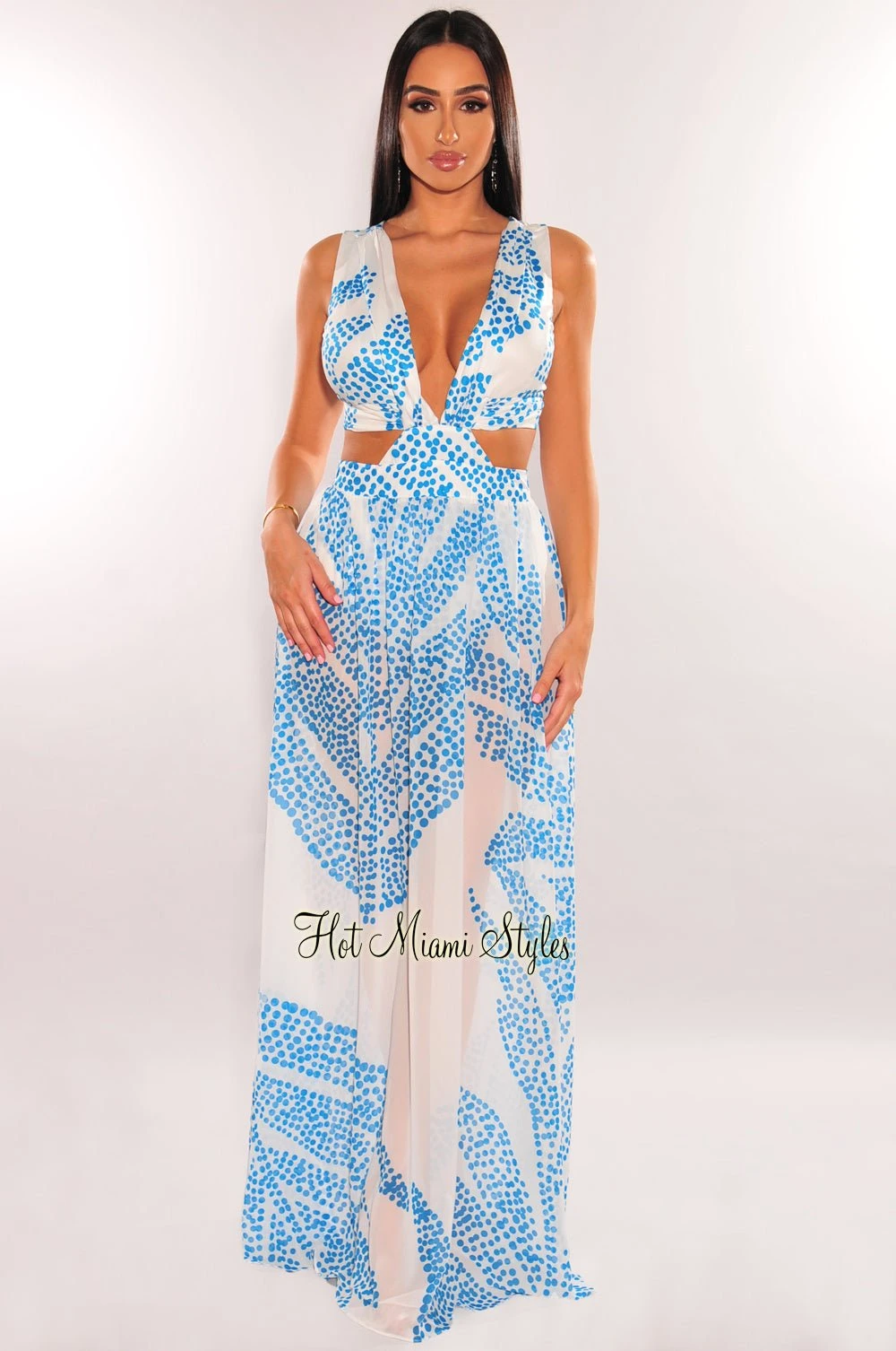 White Teal Palm V Neck Cut Out Maxi Dress 1 White Teal Palm V Neck Cut Out Maxi Dress