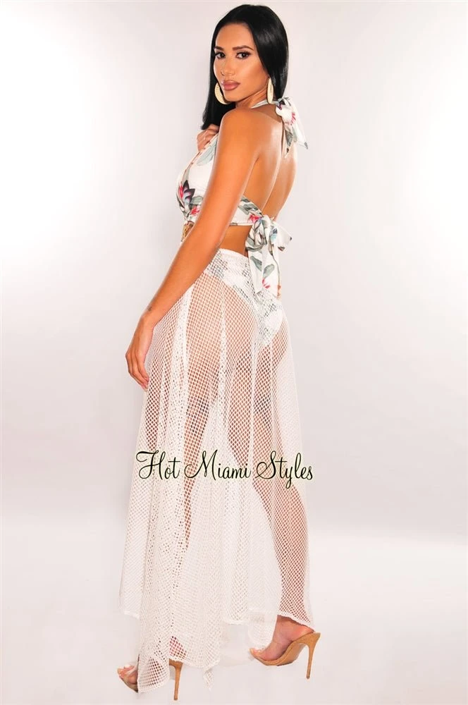 White Tropical Palm Print Halter O-Ring Net Maxi Dress 2 White Tropical Palm Print Halter O-Ring Net Maxi Dress - Image 2