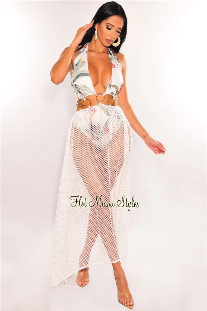 White Tropical Palm Print Halter O-Ring Net Maxi Dress 1 White Tropical Palm Print Halter O-Ring Net Maxi Dress
