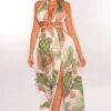 White Tropical Palm Print Halter Padded Belted Slit Maxi Dress