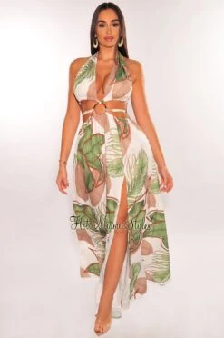 White Tropical Palm Print Halter Padded Belted Slit Maxi Dress