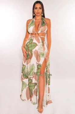 White Tropical Palm Print Halter Padded Belted Slit Maxi Dress -Miamis Style Shop white tropical palm print halter padded belted slit maxi dress hot miami styles 736272