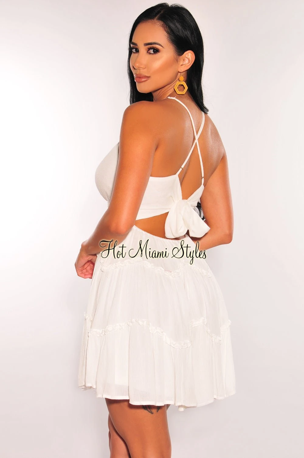 White V Neck CrissCross Back Ruffle Babydoll Dress 2 White V Neck CrissCross Back Ruffle Babydoll Dress - Image 2