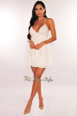 White V Neck CrissCross Back Ruffle Babydoll Dress 6 White V Neck CrissCross Back Ruffle Babydoll Dress -Miamis Style Shop white v neck crisscross back ruffle babydoll dress hot miami styles 698512