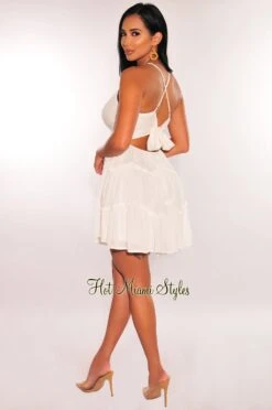 White V Neck CrissCross Back Ruffle Babydoll Dress 7 White V Neck CrissCross Back Ruffle Babydoll Dress -Miamis Style Shop white v neck crisscross back ruffle babydoll dress hot miami styles 884947