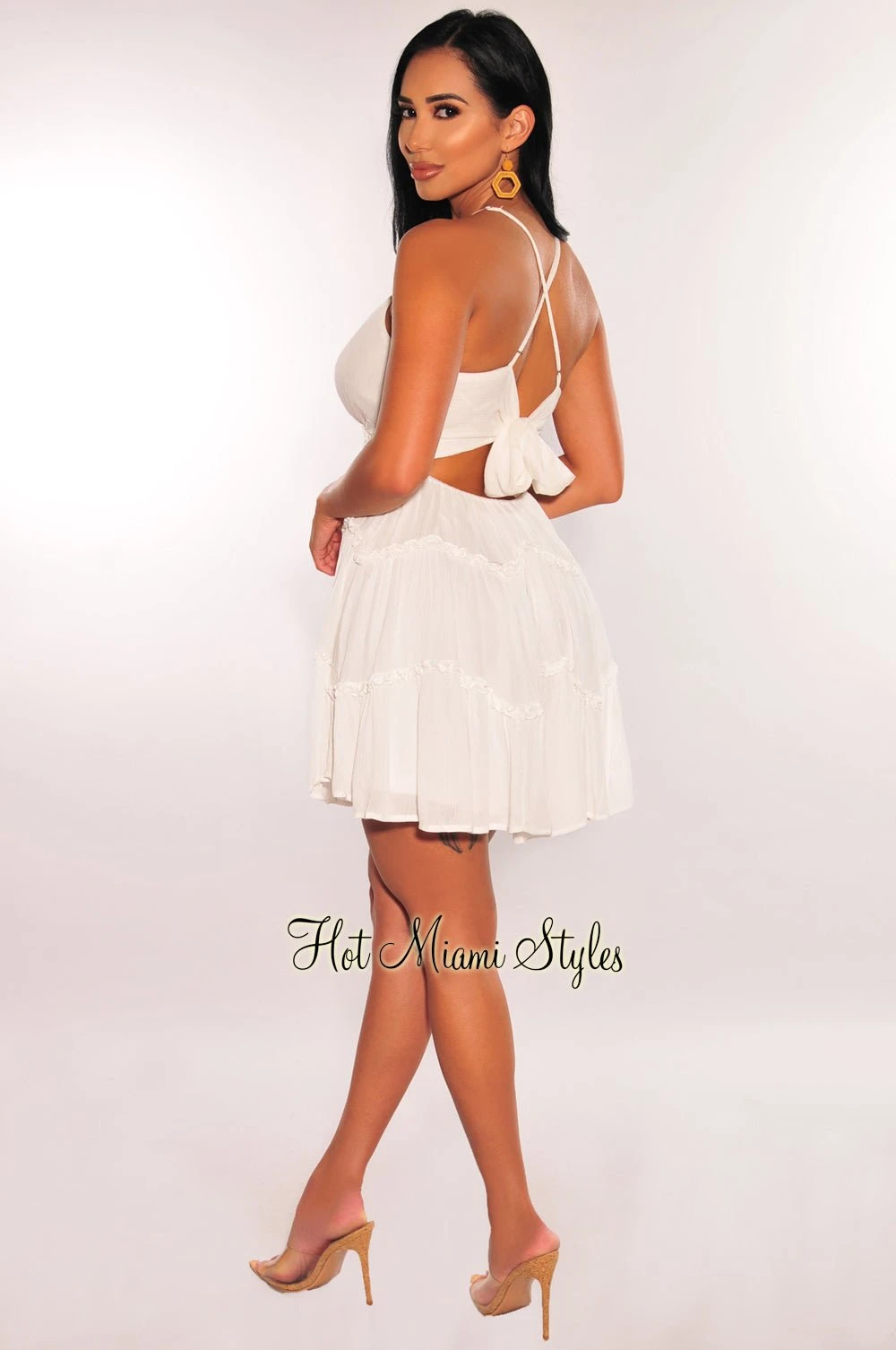 White V Neck CrissCross Back Ruffle Babydoll Dress 4 White V Neck CrissCross Back Ruffle Babydoll Dress - Image 4