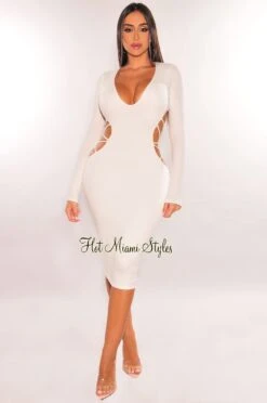 White V Neck Long Sleeve Strappy Open Back Dress