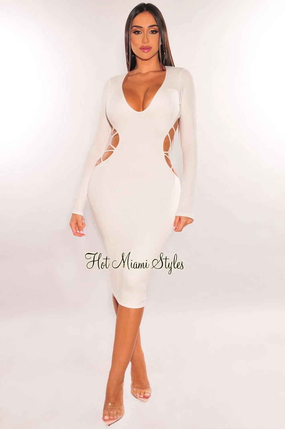 White V Neck Long Sleeve Strappy Open Back Dress 1 White V Neck Long Sleeve Strappy Open Back Dress