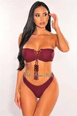 Wine Crochet Bandeau Lace Up Bikini Tie Up Skirt Three Piece Set -Miamis Style Shop wine crochet bandeau lace up bikini tie up skirt three piece set hot miami styles 106929