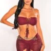 Wine Crochet Bandeau Lace Up Bikini Tie Up Skirt Three Piece Set