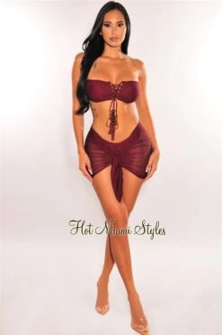 Wine Crochet Bandeau Lace Up Bikini Tie Up Skirt Three Piece Set -Miamis Style Shop wine crochet bandeau lace up bikini tie up skirt three piece set hot miami styles 546312