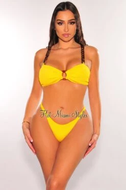 Yellow Acrylic Chain O-Ring Textured Scrunch Butt Bikini