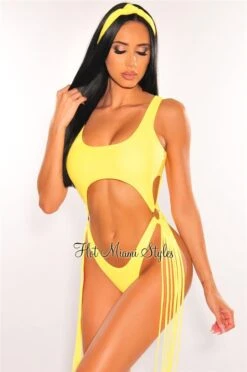 Yellow Cut Out O-Ring Fringe Ultra High Cut Swimsuit + Headband